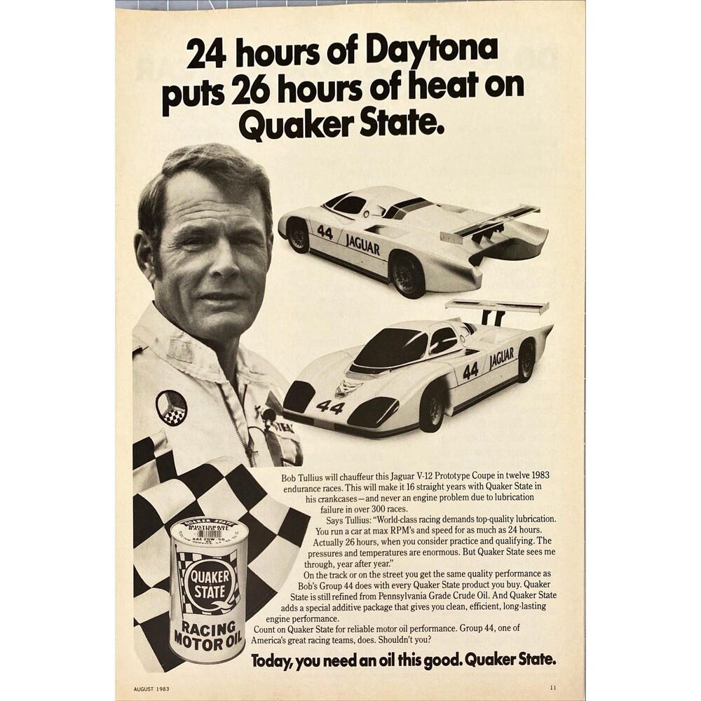 Quaker State Racing Motor Oil "Bob Tullius uses in Jaguar V-12"Vtg Print Ad 1983